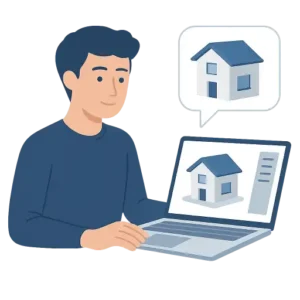 Illustration d’un service de rendu 3D montrant une personne travaillant sur un modèle de maison en trois dimensions affiché sur un ordinateur portable.