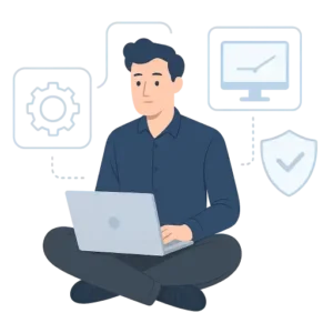 Illustration d’un service informatique avec une personne travaillant sur un ordinateur portable, entourée d’icônes représentant la maintenance, la performance et la sécurité informatique.
