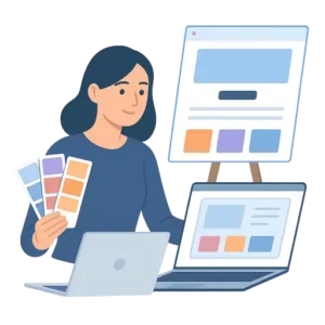 Illustration d’un service web montrant une personne concevant un site internet sur un ordinateur, avec des maquettes, des éléments de design et une palette de couleurs.
